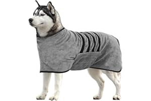 Hundebademantel Bademantel, Moseem Grau Bademantel Hund aus Mikrofaser,Hunde Handtuch mit Verstellbarem Riemen,Haustier Bademantel mit Klettverschluss, für Große Mittel und Kleine Hunde(L)