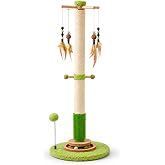 PETIUM Scratching Post 92 cm for Cats with Natural Sisal, Self-Care Brush, 4 Feather Toys, Ball with Spring and Ball Circuit