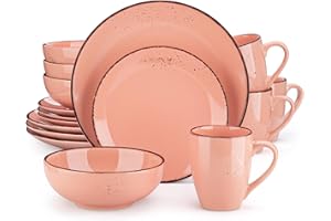 vancasso Navia Jardin Dinner Set, Stoneware Vintage Look Pink Dinnerware Tableware, 16 Pieces Dinner Service Set for 4, Include Dinner Plate, Dessert Plate, Cereal Bowl and Mug