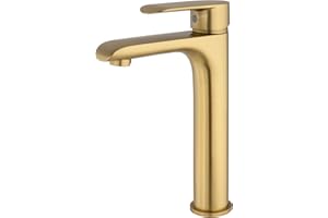 VALAZ Robinet Haut Pour Vasque Salle de Bain | Mitigeur Lavabo, Mélangeur Eau Froide et Chaude, Pas de Fuites, Installation Facile | Laiton, Inoxydable, Élégant, Rond, Dore Brossé, Série Turia