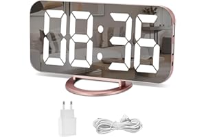 U-picks Sveglia a specchio, Sveglia digitale Ampio display a LED da 6,5 "con modalità di rilevamento della luce, luminosità regolabile, 2 porte di ricarica USB Grande pulsante SNOOZE (Oro rosa)