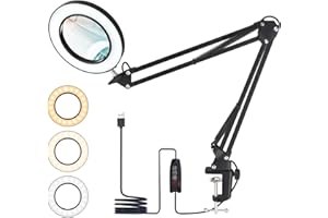 Ricyea Lampa LED z lupą, 10 x lampa z lupą z zaciskiem, lampka do czytania, 3 tryby kolorów, 10 poziomów jasności, ściemniana, lampa biurkowa z lupą do czytania, hobby, majsterkowania, dla seniorów