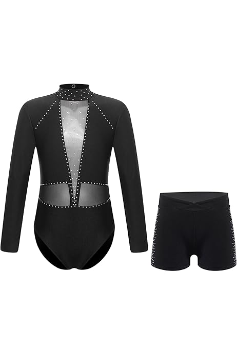Costume Scène Fille Justaucorps Danse Oyolan - Ensemble Gymnastique Strass Avec Short Et Bandeau Pour Filles 5-14 Ans Justaucorps Manches Longues Enfant
