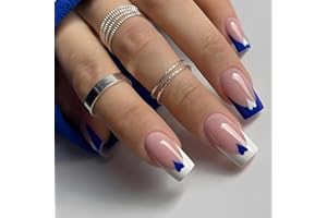 GlamRays - Juego de 24 uñas postizas a presión, cortas, medianas, cuadradas, azules y blancas, con acentos de corazón, reutilizables, acrílicas, diseño de corazón azul
