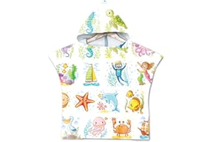 CHICKWIN Chickw1 Badeponcho mit Kapuze Kind Poncho Handtuch, Kinderhandtuch Strand Schwimmen Bad Kapuzenhandtuch Bademantel Zum Wechseln für Jungen Mädchen (60 * 80cm,Unterwasserwelt)