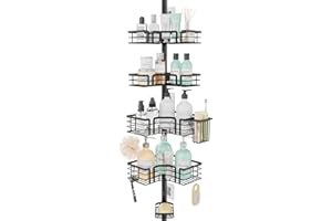 SWTYMIKI Telescopic Shower Caddy Corner - 4-Tier Rustproof Shower Corner Shelves, Tension Rod with Soap Holder, Adjustable No-Drill Organiser for Bathroom Storage, 27.6-108.3 inches (Black)