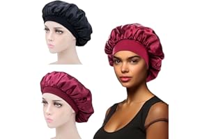 iLamvie 2 pezzi Cuffia Seta Capelli Ricci,Silk Bonnet,Berretto Da Notte Raso Elastico Per Dormire Cappello Da Notte Per Donna Berretto Da Notte Raso Per Donna Ragazza(Nero+rosso)