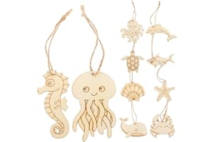 SHINEOFI 60Pcs Wooden Rounds for Crafts Ocean Animal Shapes Turtle Octopus Crab Natural Wood Marine Wooden Ornaments with Jute Rope for DIY Under The Sea Arts and Crafts Home Decor