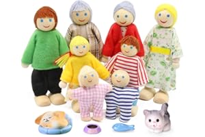 LUFEIS Puppenhaus Puppen, Puppen für Puppenhäuser Familie, Puppenfamilie Komplett Set mit Hund Katze, Biegepuppen Puppenhaus 8 Personen, Puppenhaus Figuren Holz für Pretend Puppenhaus Zubehör Geschenk