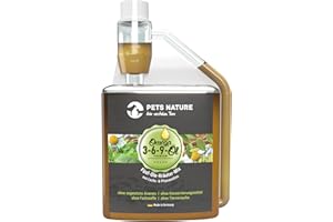 Pets Nature Omega 3-6-9-Öl für Hunde und Katzen - reines Premium Kräuter-Barf-Öl mit Distel-, Hanf-, Lachs-, Chia- und Leinöl - 100% natürlich, schonend kaltgepresst (500 ml)
