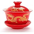 YBK Tech Porcelain Kung Fu Tea Cup and Saucer with Lid, Chinese Traditional Gaiwan Sancai Tea Bowl Tea Set Dragon Pattern (Red)