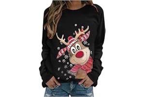 WILLBEST Christmas Sweatshirts for Women UK Funny Reindeer Snowflake Graphic Print Casual Long Sleeve Shirts Tunic Tops Women's Ugly Christmas Sweatshirts Womens Loose Fit Xmas Jumpers Pullover Tops