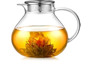 ecooe 1400ml Einfach Glas Teekanne mit 18/8 Silberne Edelstahl 2 in 1 Teesieb Deckel Borosilicate Glas Teebereiter Geeignet für Kalte und Heiße Getränke Offenem Feuer Herd Teewarmer