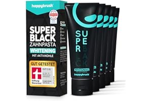‎HAPPYBRUSH happybrush Vegane Aktivkohle Zahnpasta SuperBlack mit Minze Geschmack 5er Pack - Schwarze Zahnpasta für weisse Zähne und Zahnaufhellung - Vorratspack (5 x 75ml)