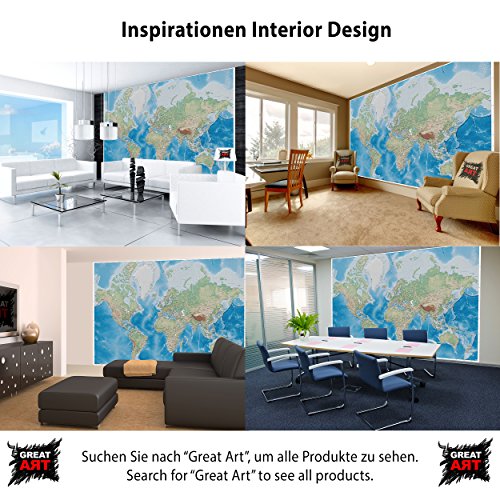 Fototapete Weltkarte Wandbild Dekoration Miller Projection im plastischen Relieffdesign Erde Atlas Weltkugel Landkarte Geographie Foto-Tapete Wandtapete Fotoposter Wanddeko by GREAT ART (336 x 238 cm) - 4