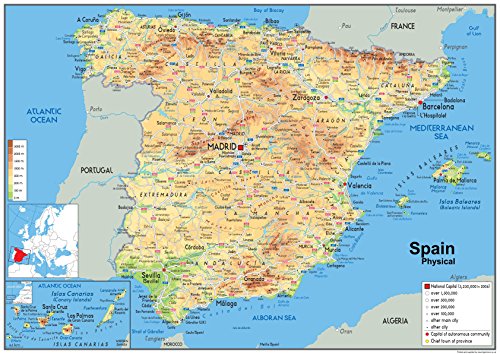 Mapa físico de España, laminado de papel, tamaño A1, 59,4 x 84,1 cm