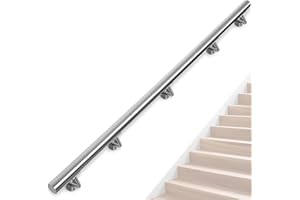 OUUTMEE Corrimano in acciaio inox per scale, 300 cm, ringhiera per scale con supporti, rotondo Ø 42 mm, corrimano esterno interno per soffitta, veranda, garage terrazza