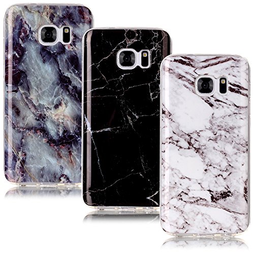 CLM-Tech 3in1 Accessoires Set: 3 x TPU Housse Silicone Gel pour Samsung Galaxy S7 Coque de Protection Cover Marbre Motif Noir Blanc coloré Case