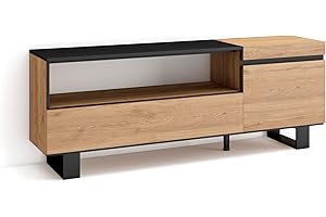Skraut Home | Mueble TV | Televisión | Muebles de salón, almacenaje | 150x57x35cm | para TV hasta 65" | Diseño Industrial | Estilo Moderno | Roble y Negro