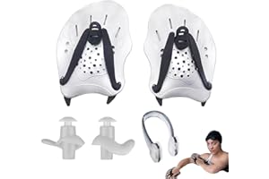 DERJDISF Pala De Natación - Pala De Entrenamiento De Natación, Resistente y Ergonómica, Material PVC, Tamaño 17.5x12cm, Incluye 1 Par de Pala, 1 Par de Orejeras y 1 Par de Pinza para Nariz