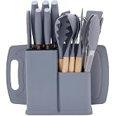 Kitchen Knife Set, 19 Piece Kitchen Utensils Package Including 5 Knives and 13 Silicone Kitchen Utensils, 1 Storage Box (Grey