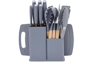 LROCOTANC Set Coltelli da Cucina, pacchetto di utensili da Cucina da 19 pezzi, comprende 5 coltelli e 13 utensili da cucina in silicone, oltre a 1 scatola di stoccaggio (grigio)
