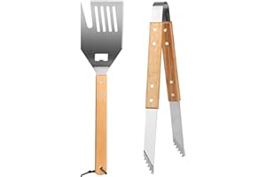 Yeswell Grillbesteck-Set 2-TLG, 5 in 1 Grillspachtel, Edelstahl GrillZubehör Grillzange Kreativer Grillwender mit Fleischgabel, Multifunktion Grillbesteck mit Langen Holzgriffen und Aufhänge-Ösen