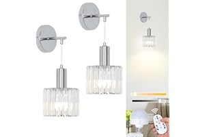 Stepeak Battery Operated Wall Lights Set of 2, Crystal Battery Operated Wall Lights Indoor with USB Bulb & Remote, Glass Rechargeable Wall Lamp for Bedroom, Chrome Stick On Wall Sconce for Living Room