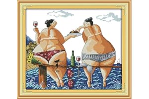 LECZANY Kit Punto a Croce 11CT Tessuto Stampato 46x41cm Kit Ricamo Fai da te Ingresso emplice - Stampa Per Ragazze Artigianato Articoli DMC Ricamo - Goditi la spiaggia