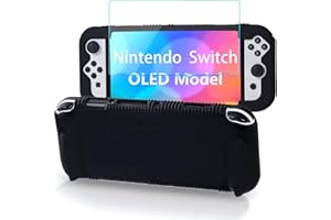 Teyomi Silikon Hülle kompatibel mit Nintendo Switch OLED Modell 2021, stoßfeste Schutzhülle mit Displayschutz aus gehärtetem Glas,ergonomische Griffhülle für Switch OLED,2 Spielkartenfächer(Schwarz)