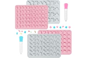 4 piezas Moldes de Gominolas con 2 Goteros, CNYMANY 206 Cavidades Silicona Animal Fruta Molde de Caramelo Chocolate Molde de Gelatina Antiadherente Moldes de Cocina Cubiteras - Rosa, Gris
