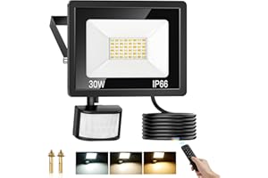 COTLEDL 30W Security Lights Outdoor Motion Sensor, 2700LM PIR Sensor Security Light Dimmable 3000K 4000K 6500K, IP66 Waterproof LED Floodlights Outside Light with Remote Control for Garden Backyard Garage