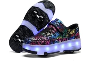 Mateju Chaussures à roulettes Garçons Filles, Patins à roulettes Mode Enfants avec 4 roulettes Rétractables, Chaussures de Sport Skateboard 2 en 1 Adolescents Extérieur