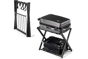 RELAX4LIFE Portaequipajes Metálicos de 2 Pisos, Estante Plegable de Equipaje para 2 Maletas, Soporte de Equipaje para Dormitorio y Hotel, Negro, 68x44x57cm (1 Paquete)