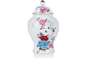 Yunjuhop Chinoiserie - Tarros de jengibre azul y blanco, tarro decorativo de cerámica de 7.6 pulgadas con tapa, jarrones de porcelana para decoración de sala de estar, dormitorio, mediano (peonía)