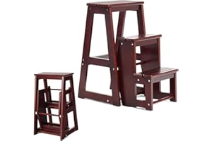 RELAX4LIFE Escabeau Tabouret Pliant 3 Marches Fabriqué en Pin, Multifonctionnel Portable Peu Encombrant Décoratif en Bois Naturel, Cuisine Chambre Bureau Magasin (Noyer foncé)