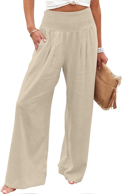 WUSENTOF Women's Fluid Summer Linen Trousers Chic and Elegant Casual Breathable Loose High Waist Wide Trousers Women Elastic Waist Summer Clothing Fashion Trendy Lightweight Beach Pants