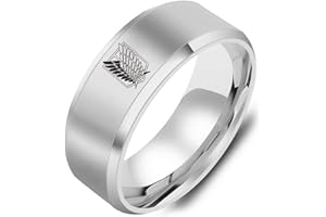 HMOOY Attaque sur Bague Titan, Ailes de la Liberté Logo Bague en Acier Inoxydable Anneau de Mariage de Couple Anneau d'anime Noir/Argent Attaque sur Titan Bijoux pour Hommes Garçons