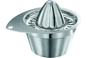 RÖSLE Presse-Citron Manuel de Haute Qualité - Pour les Agrumes, Citrons, Citrons Verts, Oranges - Récipient Extra-Large - Va au Lave-Vaisselle, Acier inoxydable 18/10, Jaune, 15 x 18 x 18 cm