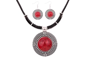 Yazilind Weinlese PU- Leder-Kette tibetischen Silber Runde Anhanger Bib Halskette Ohrringe Set Hochzeit