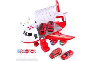 SHANNA Flugzeug Spielset Mit Trägheitsrad und Fahrzeugen - Lernspielzeug Set Mit 1 Großem Flugzeug, 4 Legiertes Auto für Kleinkinder Über 3 Jahre (Feuerwehrauto-Rot)