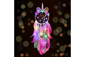 DISDARKDAY Disdardday Attrape-Rêves, LED Et Plumes Lumineuses, Capteur De Rêves Principal pour Décorer La Chambre Et La Maison, Cadeau Décoratif pour Filles Et Enfants, Licorne