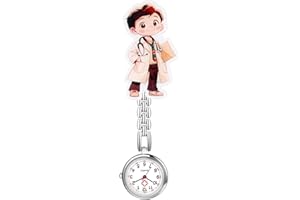 JewelryWe Montre Infirmière Femme Homme: Montre de Poche Infirmière Médicale Fantaisie avec Personnages de Dessins Animés en Acrylique Chiffres Arabes Montre Clip en Acier Inoxydable Cadeau Pratique