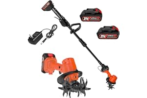 LNXGJJ Motobineuse Électrique Sans Fil, 21V Motoculteur Portable avec Batterie et Charge, 235 RPM, Manche Amovible, Largeur/Profondeur de Travail 10/10 cm, Cultivateur pour Yard, Culture du Sol (2 Batteries)