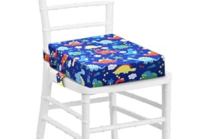 FAVUIT Booster Seat for Dining Chair Dismountable Washable Table Increasing Cushion with 2 Adjustable Straps Safety Buckle Non-Slip Bottom Travel Dining Chair Pads for Kids (Dinosaur Blue)