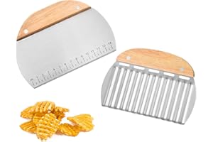 Fyfjur Coupe Pate Boulangere et Couteau Lame Ondulée, Grattoir de Cuisson en Acier Inoxydable, Couteau de Tranches de Pomme de Terre avec Manche en Bois pour Couper la Pâte, la Pizza, Légumes