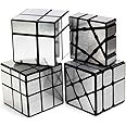 Yealvin Mirror Cube Set, Mirror Cube Bundle of 1×3×3 Floppy Cube 2×2 Speed Cube 3×3 Windmill Magic Cube and 3×3 Mirror Cube Smooth Brain Teasers Puzzles Collection 4 Pack Silver