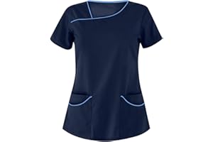 STPT Kasack Damen Einfarbig T-Shirts Pflege große größen Schlupfkasack mit Taschen Kurzarm Unregelmäßiger V-Ausschnitt Schlupfhemd mit Kragen Berufskleidung Krankenpfleger Uniformen