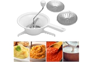 MOKERNALI Pasapurés Manual de plástico,pasapures manual plástico de 33,5 × 11,5 cm,Molinillo de Alimentos con 3 Discos Intercambiables para Fino,Medio,Grueso,para Mermeladas,Purés de Verduras,Frutas,Papas,Ajo