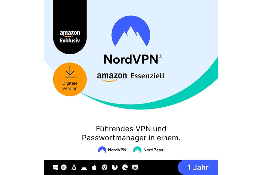 NordVPN Amazon Essenziell, 10 Geräte, 1 Jahr, VPN & Passwort-Manager, Digital-Code